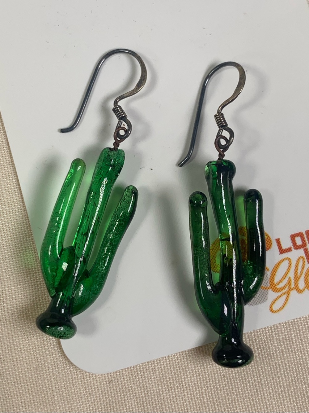 🍄 Loo Loo Glass Hand Blown Glass Cactus Dangle Drop Earrings 925 Silver - Picture 3 of 4